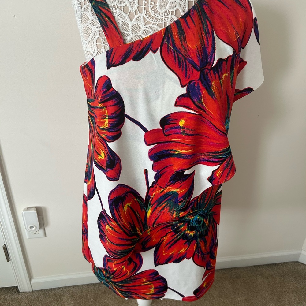MSK Red Floral One-Shoulder Midi Dress